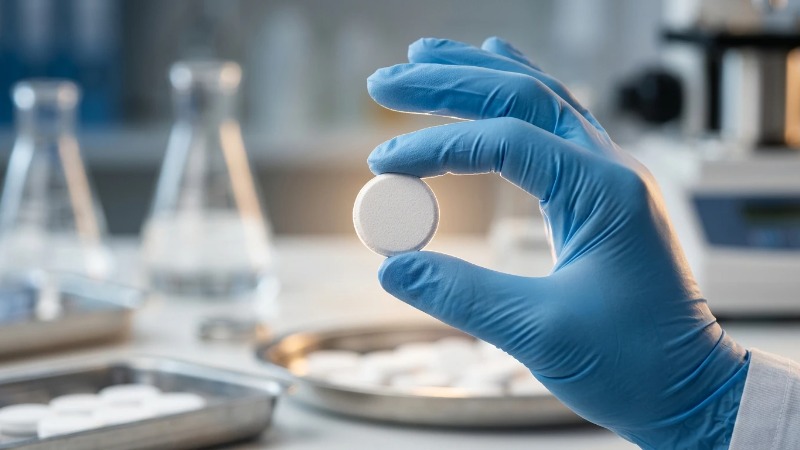 Gloved hand inspecting effervescent cleaning tablet Gloved hand inspecting effervescent cleaning tablet
