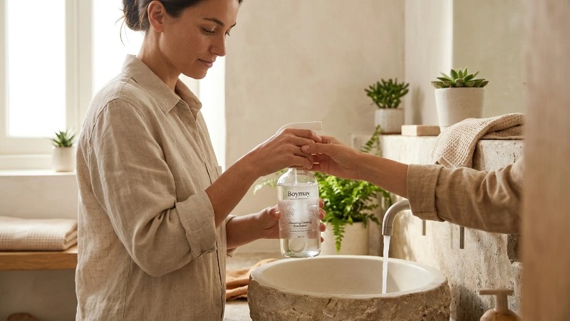 Person refilling spray bottle at bathroom sink