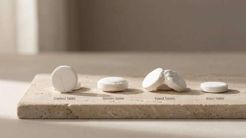Cracked, swollen and fused cleaning tablets on stone Cracked, swollen and fused cleaning tablets on stone
