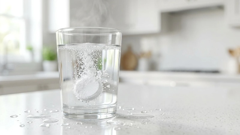 Cleaning tablet fizzing in a glass of warm water