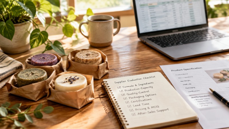 Sample shampoo bars and notebook on wooden desk Sample shampoo bars and notebook on wooden desk
