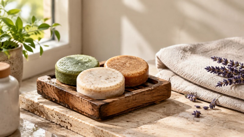 Handmade shampoo bars on wooden soap dish by window