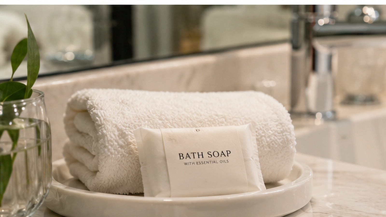 Individually wrapped guest soap displayed with folded towels on a hotel bathroom counter. Individually wrapped guest soap displayed with folded towels on a hotel bathroom counter.