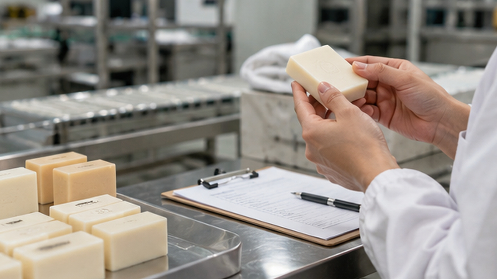 Worker inspecting a bar soap sample beside a clipboard and production samples on a stainless steel worktable.