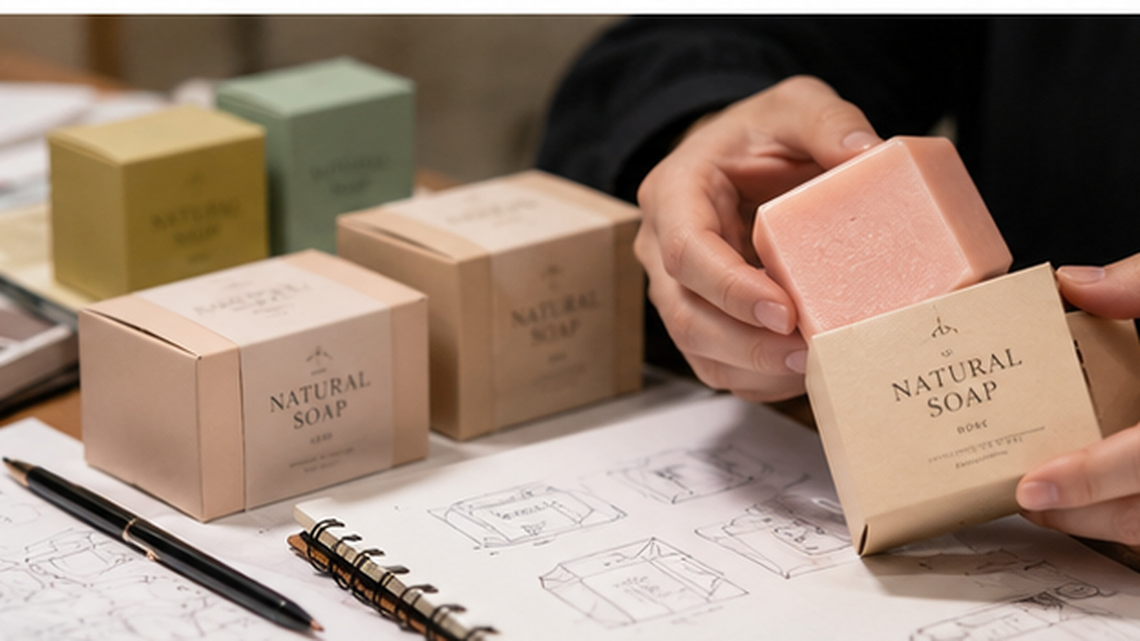 Private label soap packaging samples and carton designs being reviewed on a product development desk. Private label soap packaging samples and carton designs being reviewed on a product development desk.