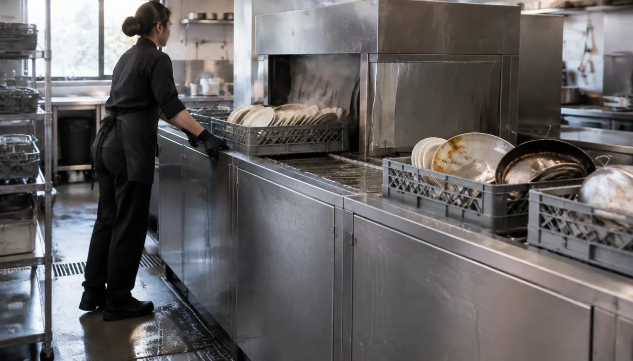 Hotel kitchen with a commercial dishwasher and racks of used dishes